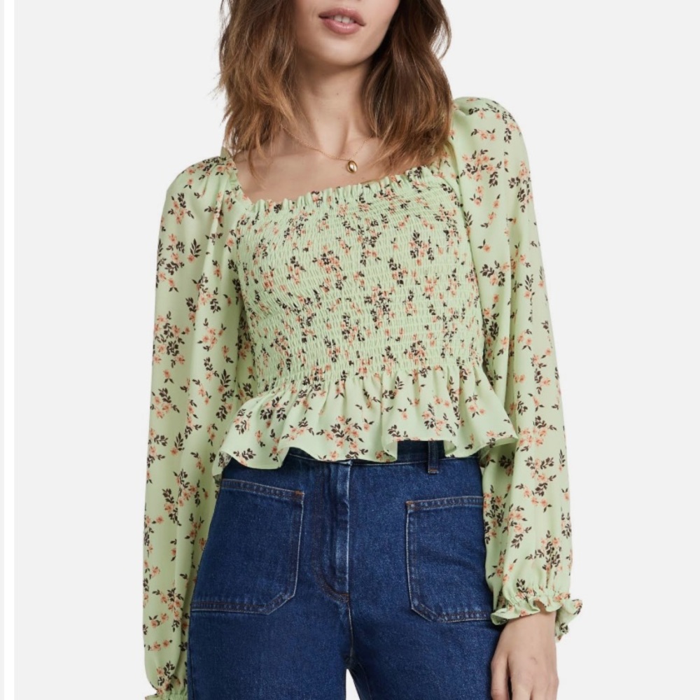 NWT WAYF Jackie Smocked Long Sleeve Top